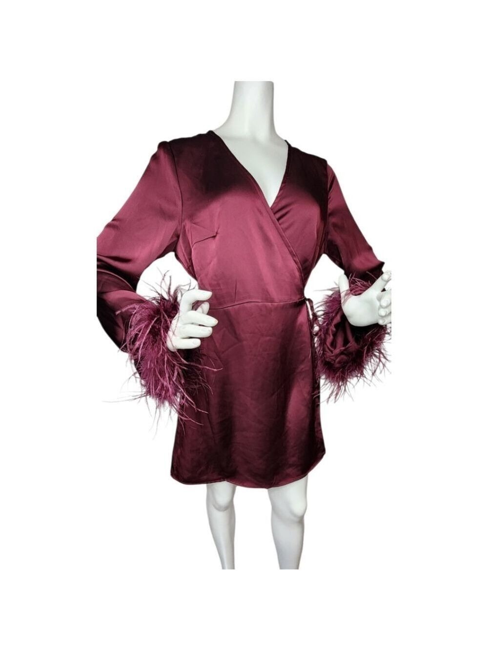 Glamorous Burgundy Satin Feather Trim Wrap Mini Dress Size Large NWT